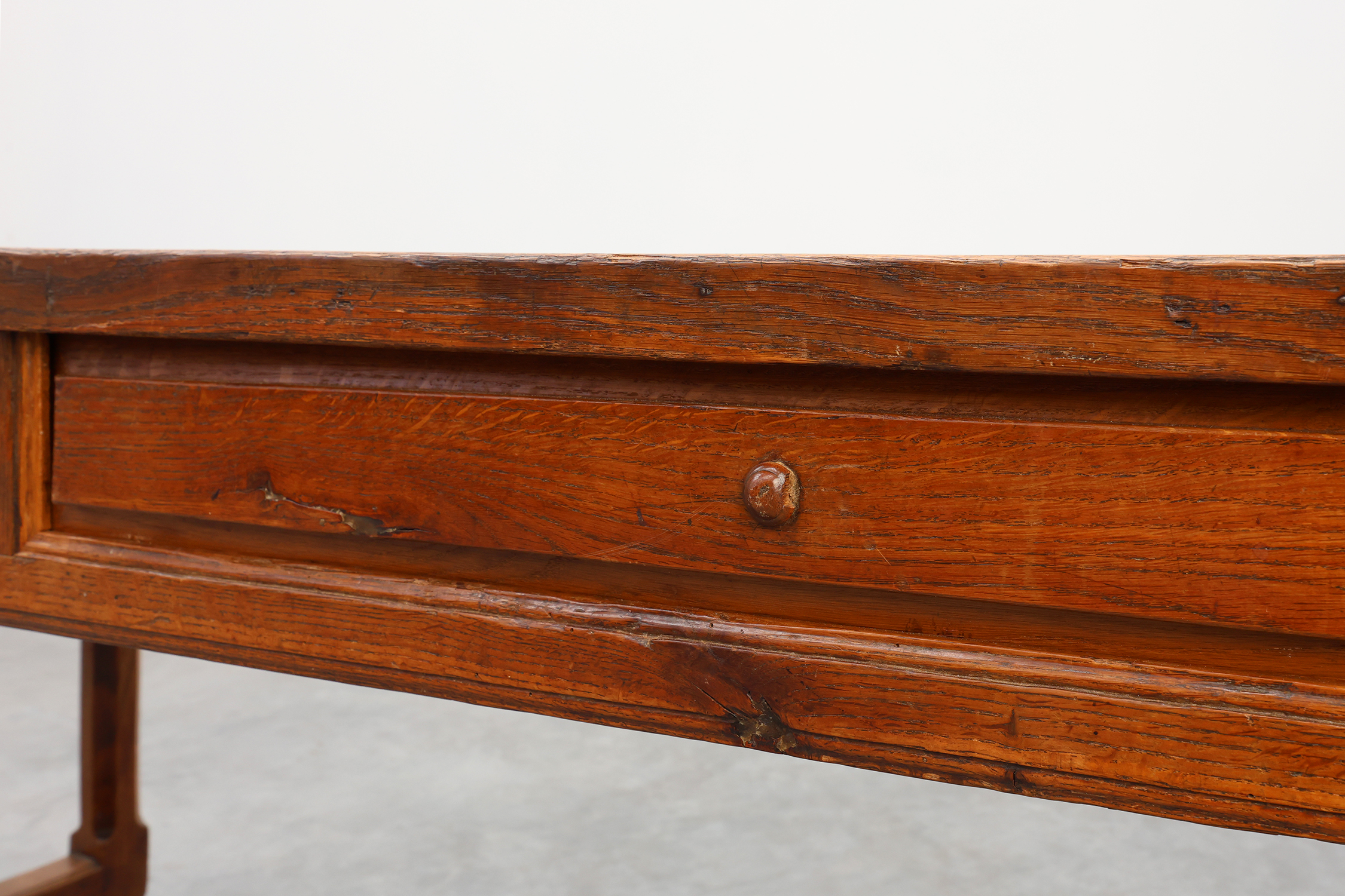 Rustic 19th century oak dinner table with drawers that open laterally, France ca. 1930thumbnail
